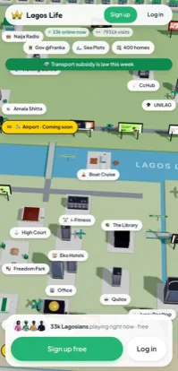 The Lagos Life city map on a phone screen, showing that the game is playable on mobile with the same locations and live player count