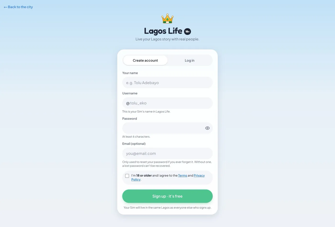 The Lagos Life sign-up screen: an 18+ badge above the Lagos Life crown logo, Create account and Log in tabs, and form fields for Your name, Username, Password and an optional Email
